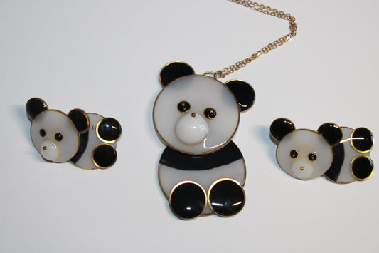 Parure Panda Amovible – Collier & Boucles d'Oreilles en Acier Doré