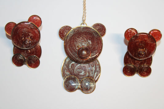 Parure Ours Brun Amovible – Collier & Boucles d’Oreilles en Acier Doré